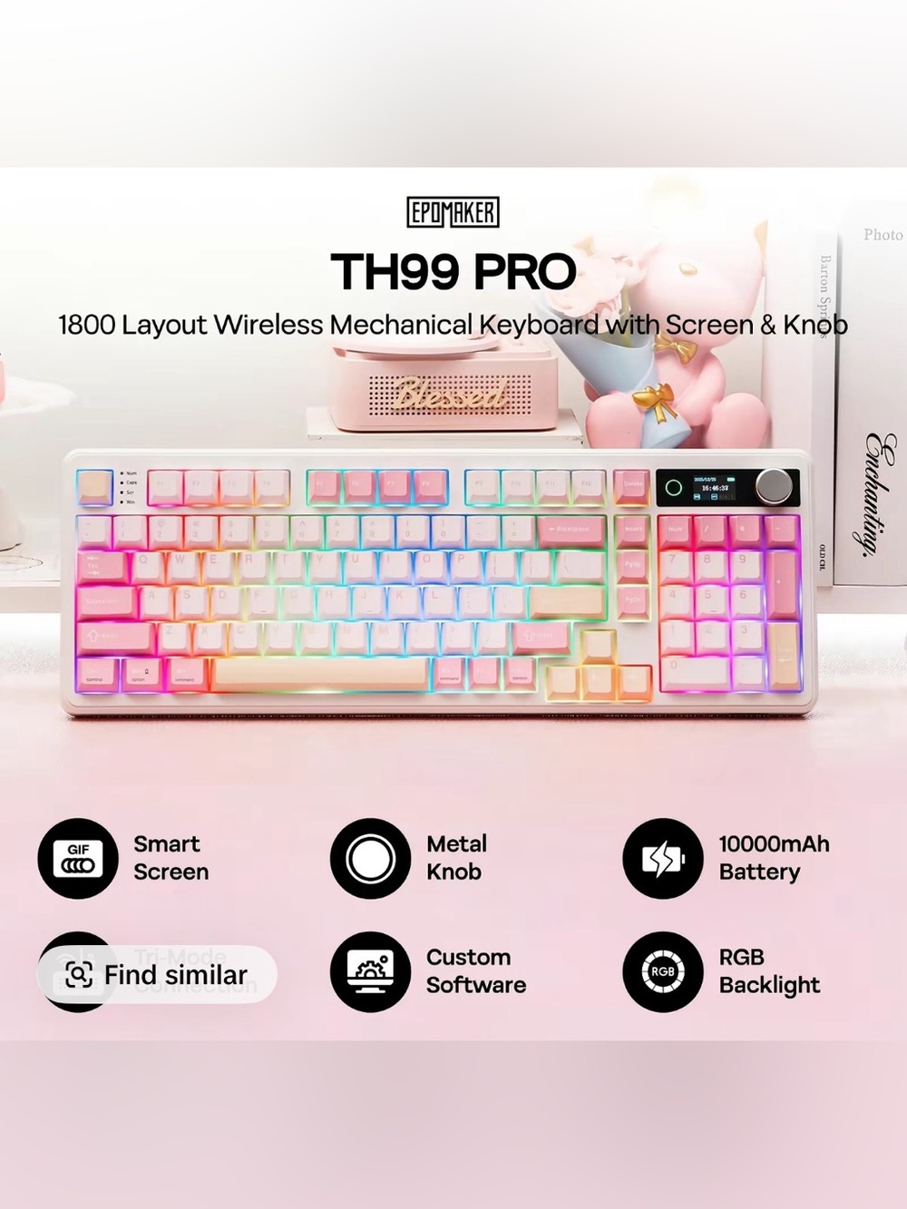 Epomaker TH99 Pro Pink Mechanical Keyboard Sea Salt Silent Switches RGB Knob